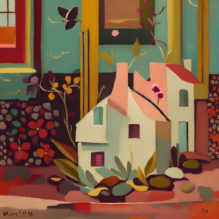 Colorful Stylized Painting of Whimsical House and Abstract Plants