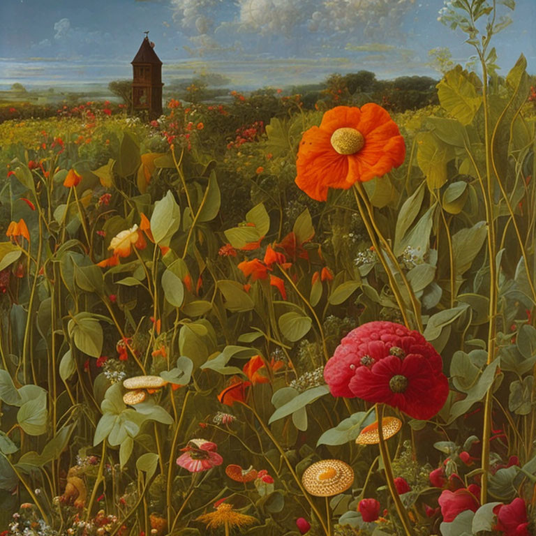 Vibrant red poppies and flowers in lush field with cloudy sky and distant tower