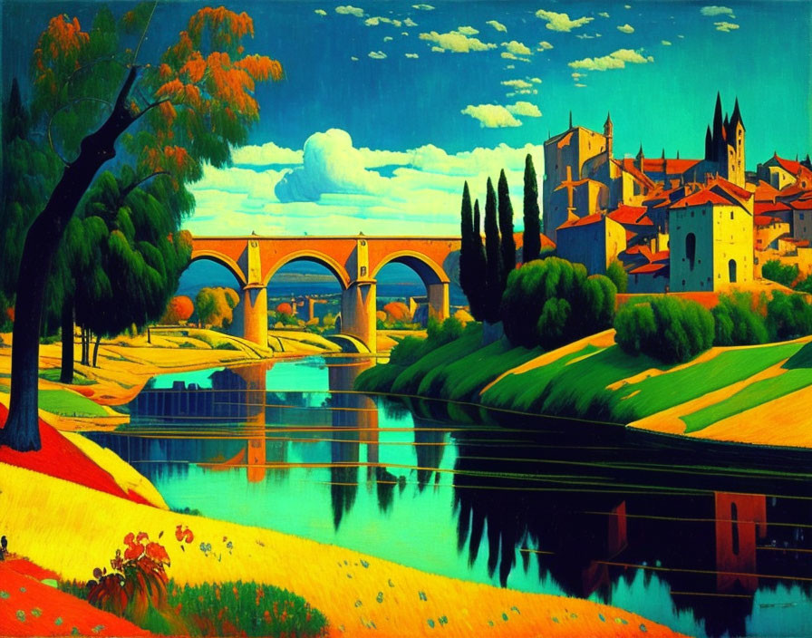 Colorful riverside town painting with arch bridge and bright skies