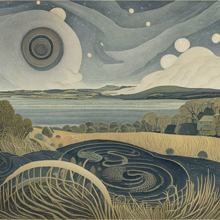 Swirling Sky Patterns Over Rolling Fields and Water with Small House