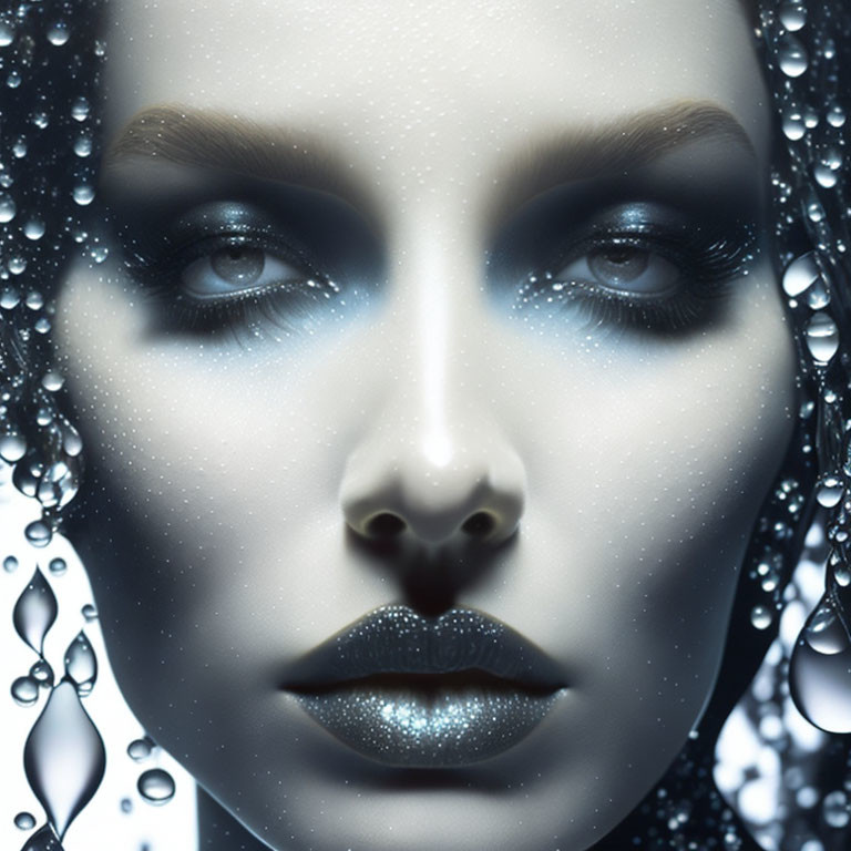 Woman's face with dark makeup and shimmering droplets for a mystical vibe