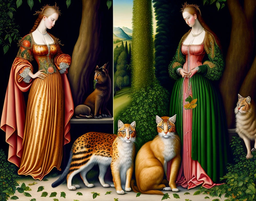 Two women in Renaissance dresses with animals in nature.