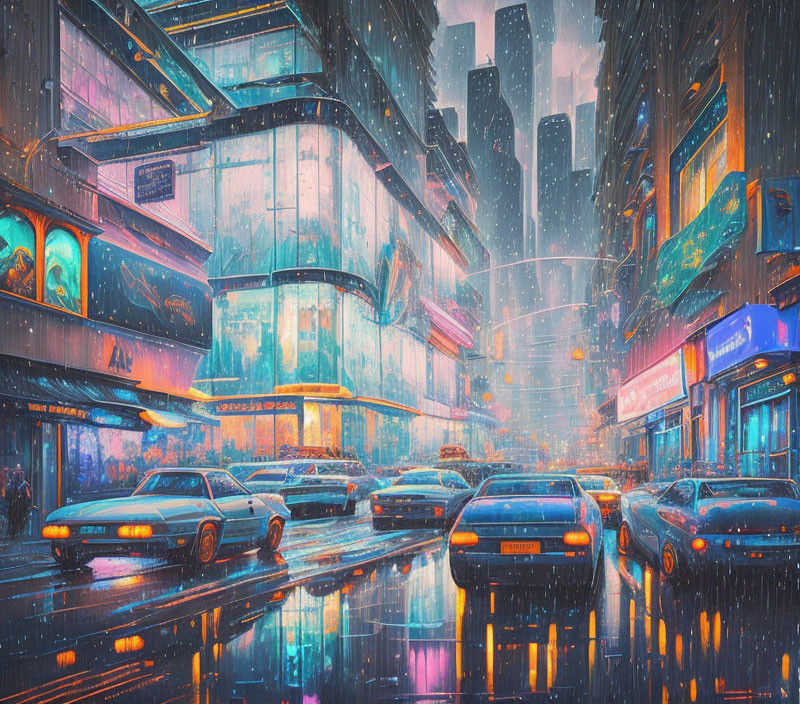 Rainy night city street with neon signs, wet road reflections, and cars.