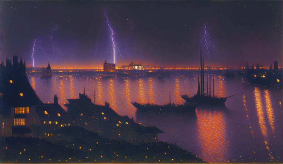 Nighttime seascape with lightning over distant horizon and illuminated old city by calm waters.