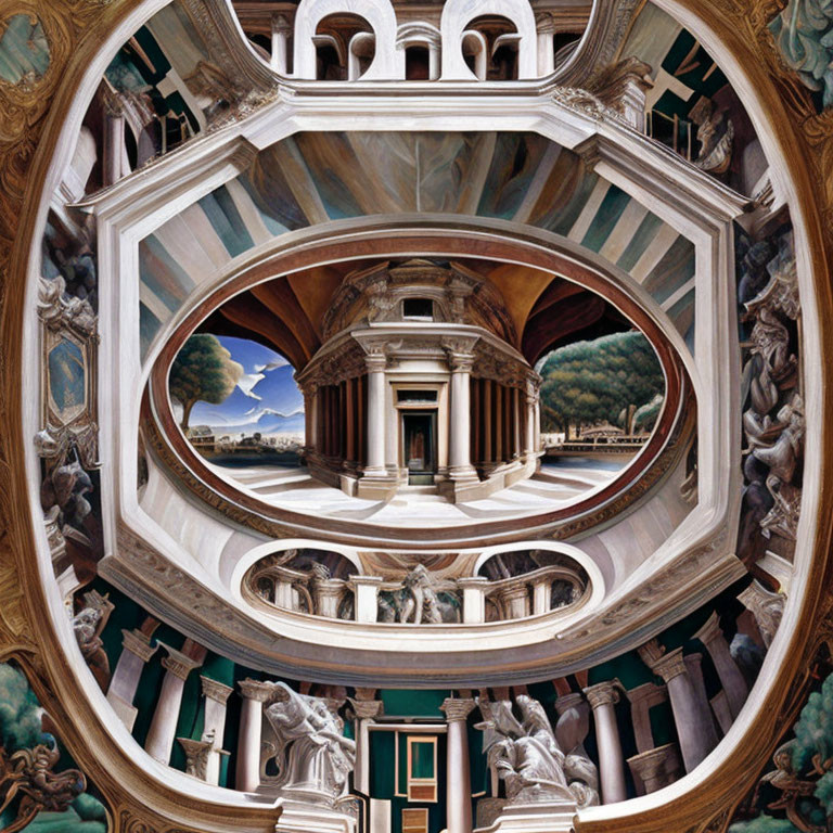 Detailed Trompe-l'œil Fresco of Architectural Features on Dome Ceiling