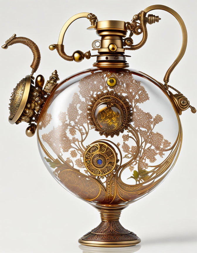 Steampunk-inspired glass sphere with metallic tree designs and brass accents