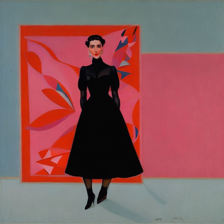 Abstract painting: Woman in black attire on red backdrop with pink section