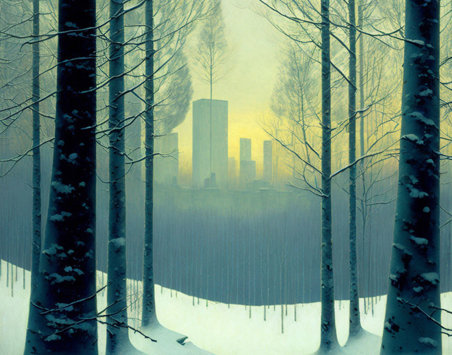 Snowy Forest Scene with Bare Trees and City Skyline in Misty Background