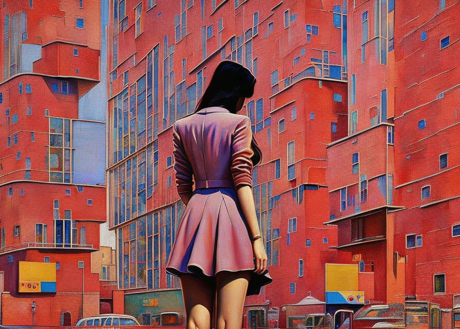 Woman in pink skirt standing by vibrant red apartment block under blue sky