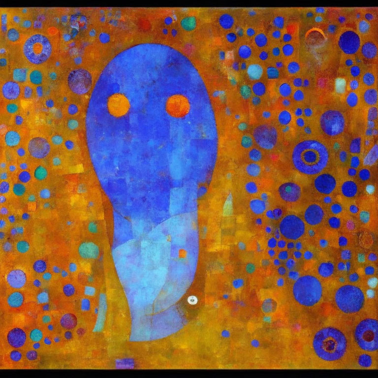 Colorful Abstract Painting: Blue Humanoid Figure with Orange Eyes surrounded by Circles