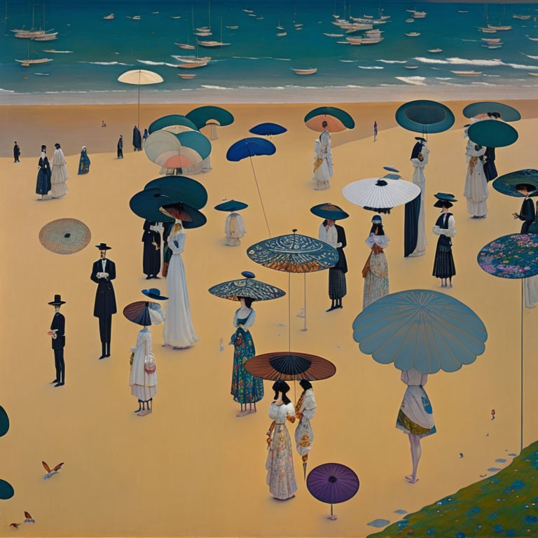 Elegantly dressed people with parasols on a beach painting.