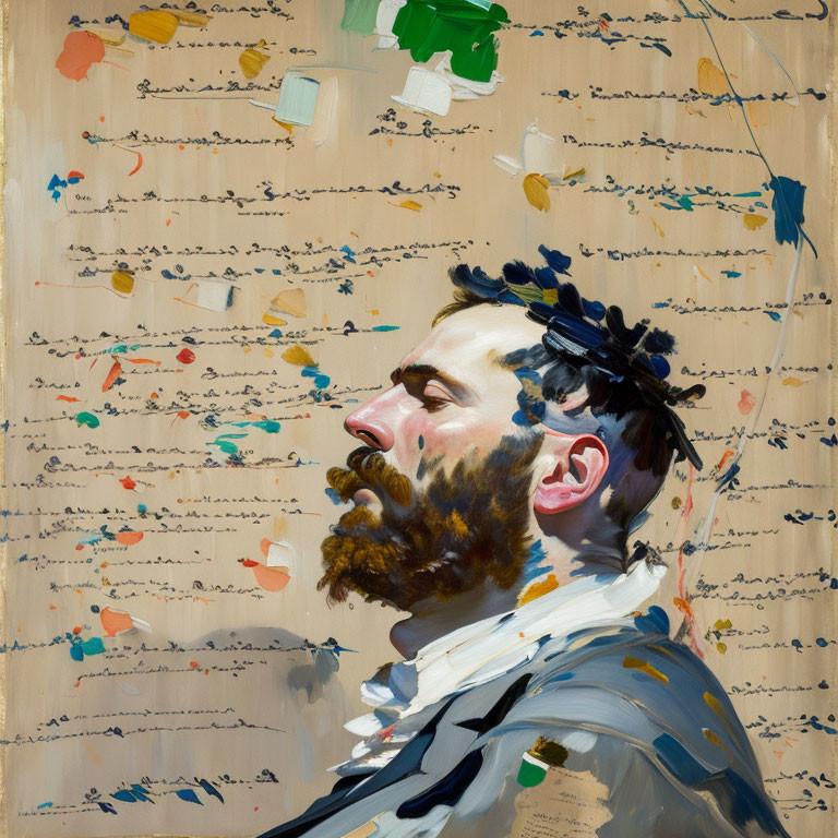 Bearded Man Profile with Musical Scores and Paint Splatters