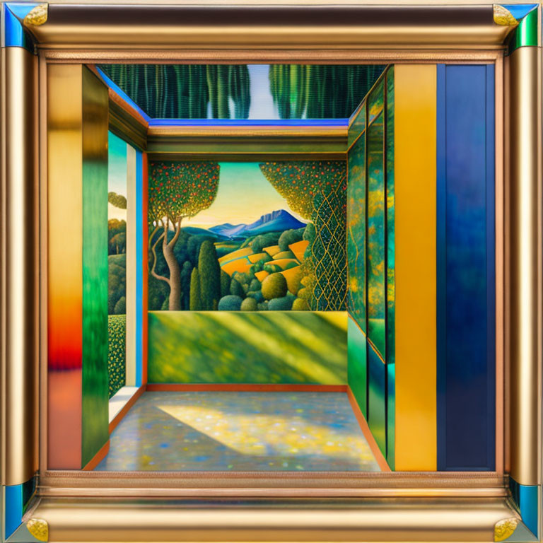 Framed painting of stylized landscape with rolling hills and trees viewed through ornate window