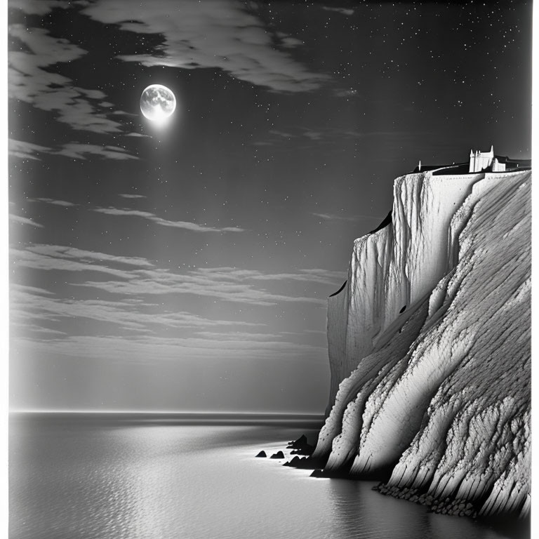 Scenic full moon over cliff by calm sea at night