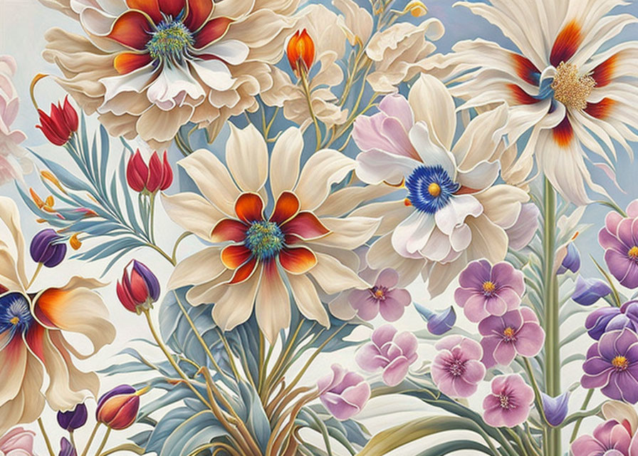 Assorted colorful flowers illustration with cream, purple, and red blooms on a soft backdrop