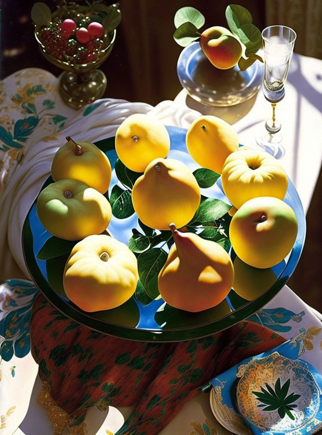 Assorted Fruits Bowl with Glass of White Wine on Patterned Tablecloth