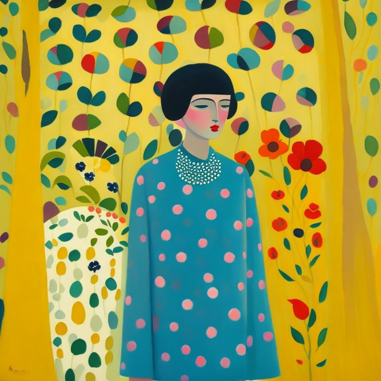 Stylized painting of a woman in blue coat with pink dots on yellow background