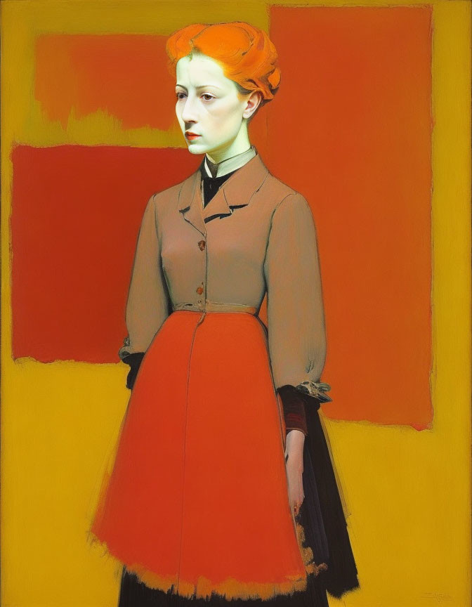 Portrait of woman with orange hair in brown blouse and red skirt on yellow background