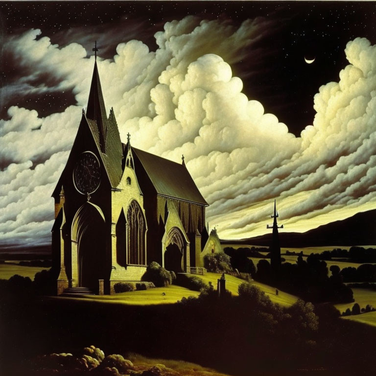 Surreal gothic church painting with crescent moon & star-filled sky