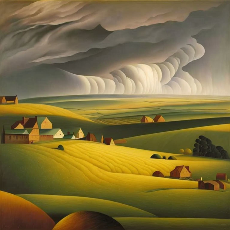 Golden fields and scattered houses under stormy sky with shelf clouds