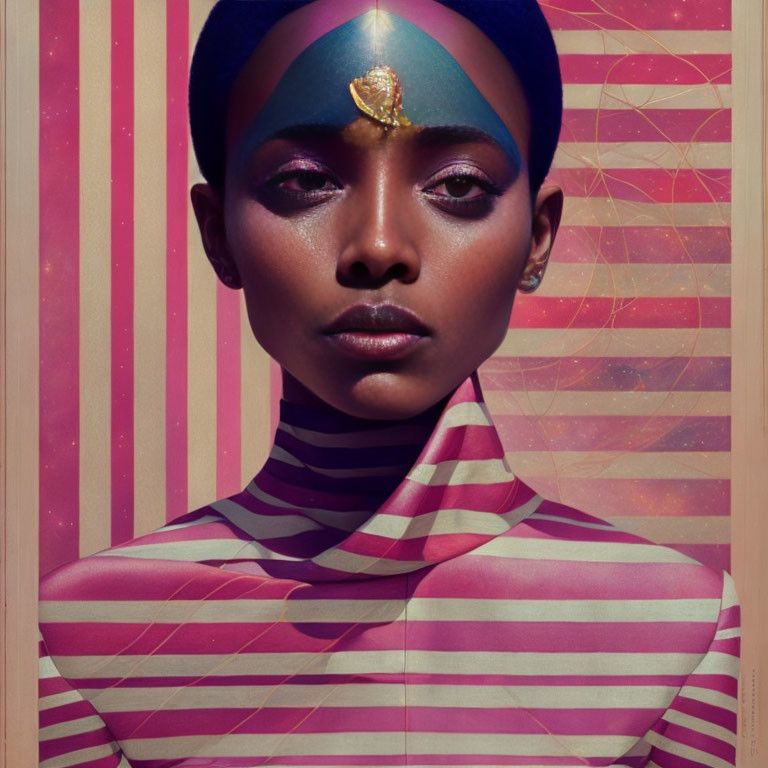 Digital artwork featuring woman with striped patterns and headscarf, gold forehead piece, set against geometric background