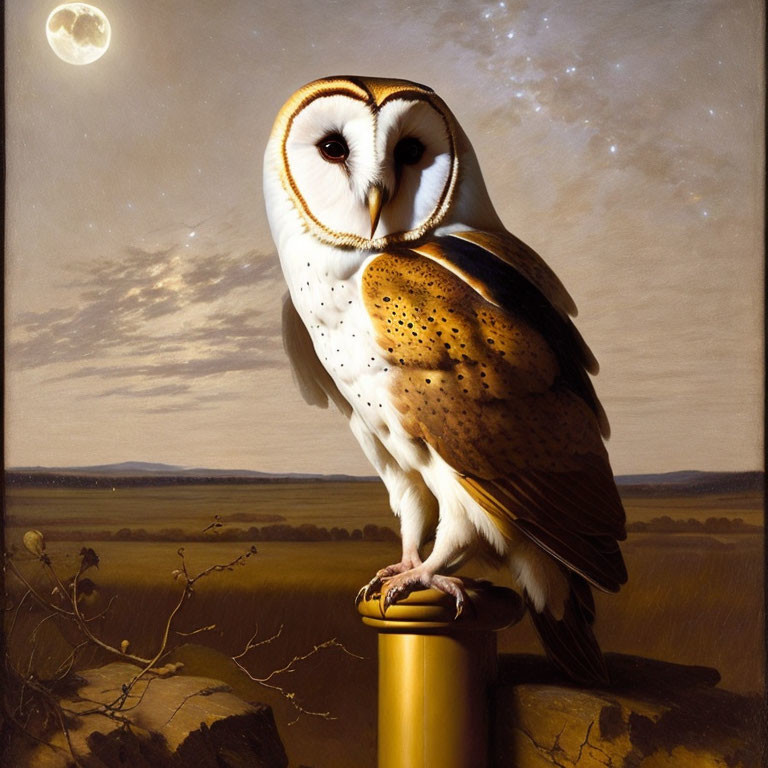 Barn owl perched on golden post in twilight landscape