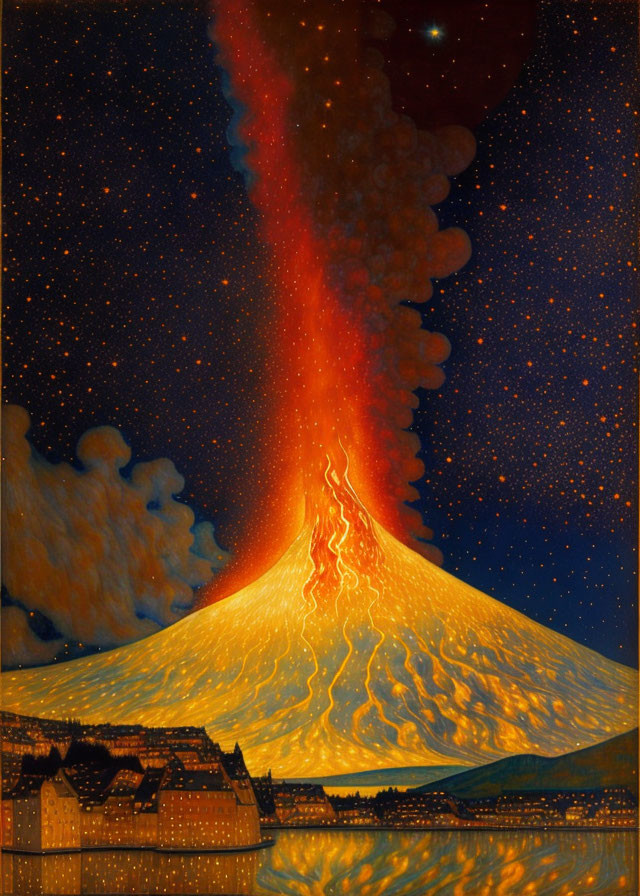 Vibrant nighttime volcanic eruption with lava flows and starry sky