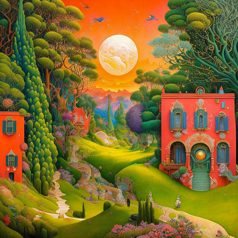 Colorful surreal landscape with orange buildings, lush greenery, moon, and person walking.