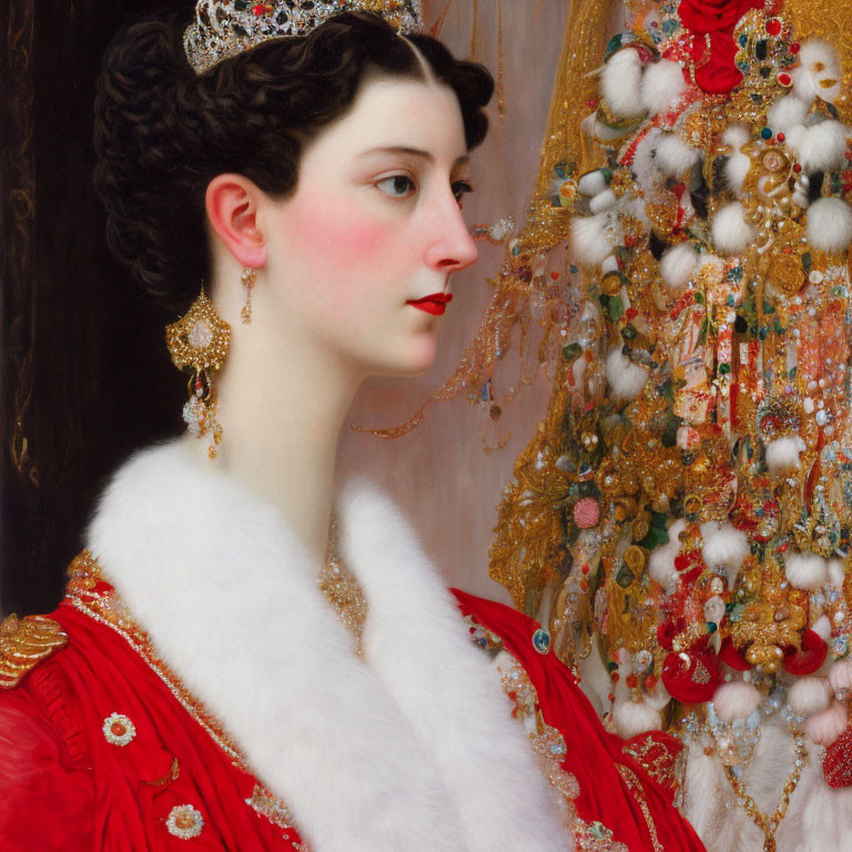 Detailed portrait of woman in red and white garment with gold jewelry against intricate embroidery backdrop