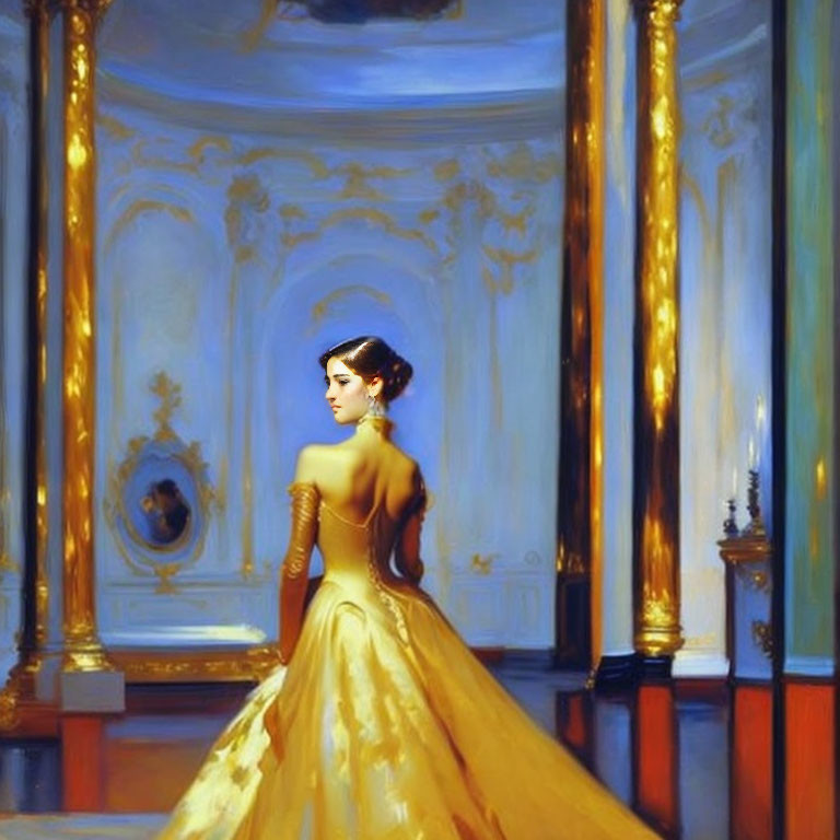 Woman in Golden Ball Gown in Lavish Room with Blue Walls