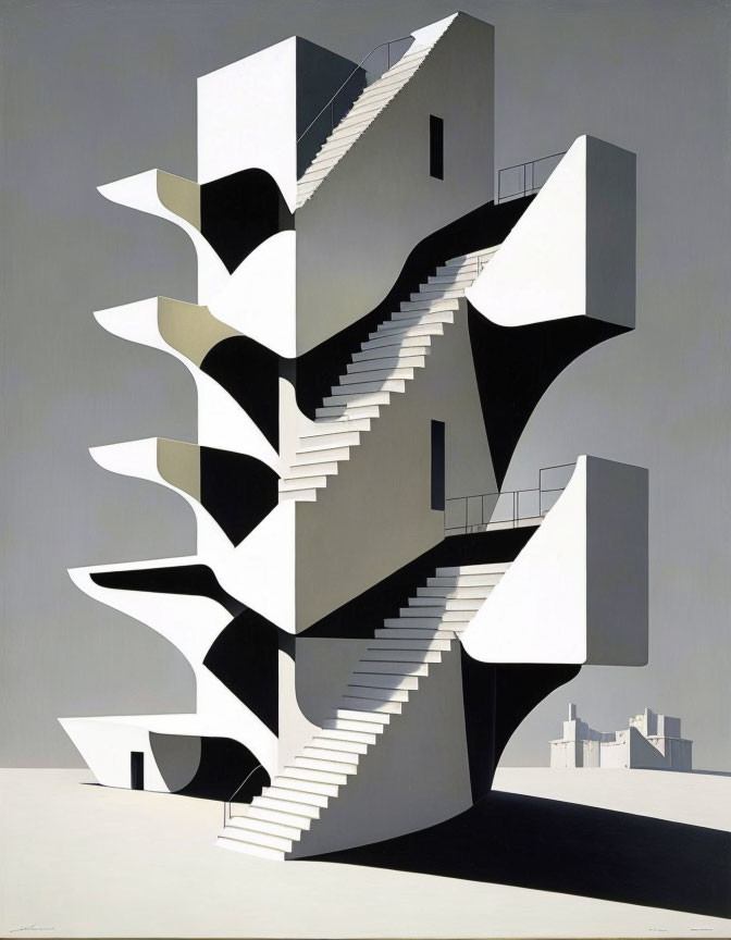 Monochromatic geometric artwork of a stylized building with staircases in a minimalist setting