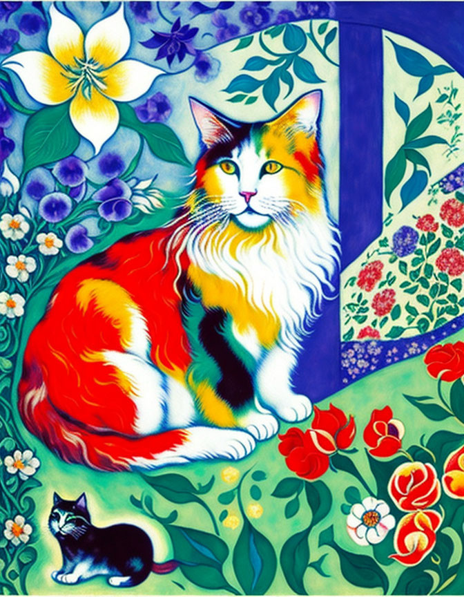 Colorful Calico Cat Surrounded by Flowers and Quilt