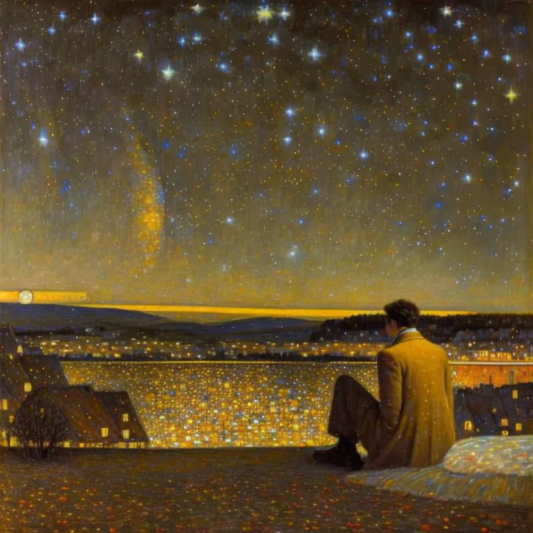 Person sitting on hill under starry night sky with town lights, comet, and moon.