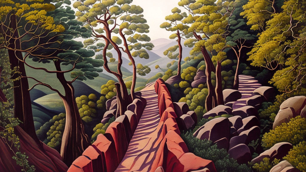 Stylized forest painting with red path and rolling hills