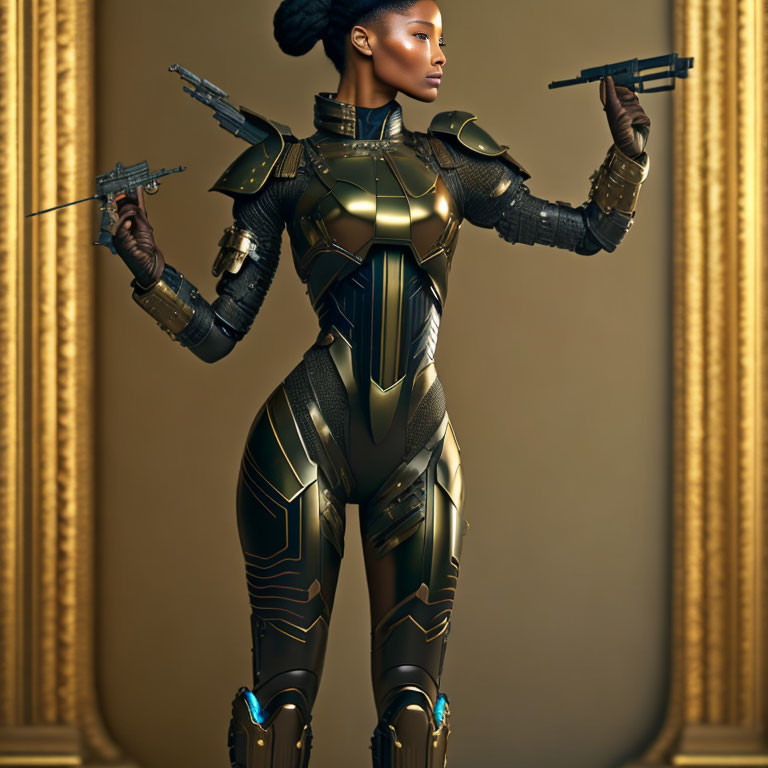 Futuristic woman in gold and black armor with weapons in ornate frame