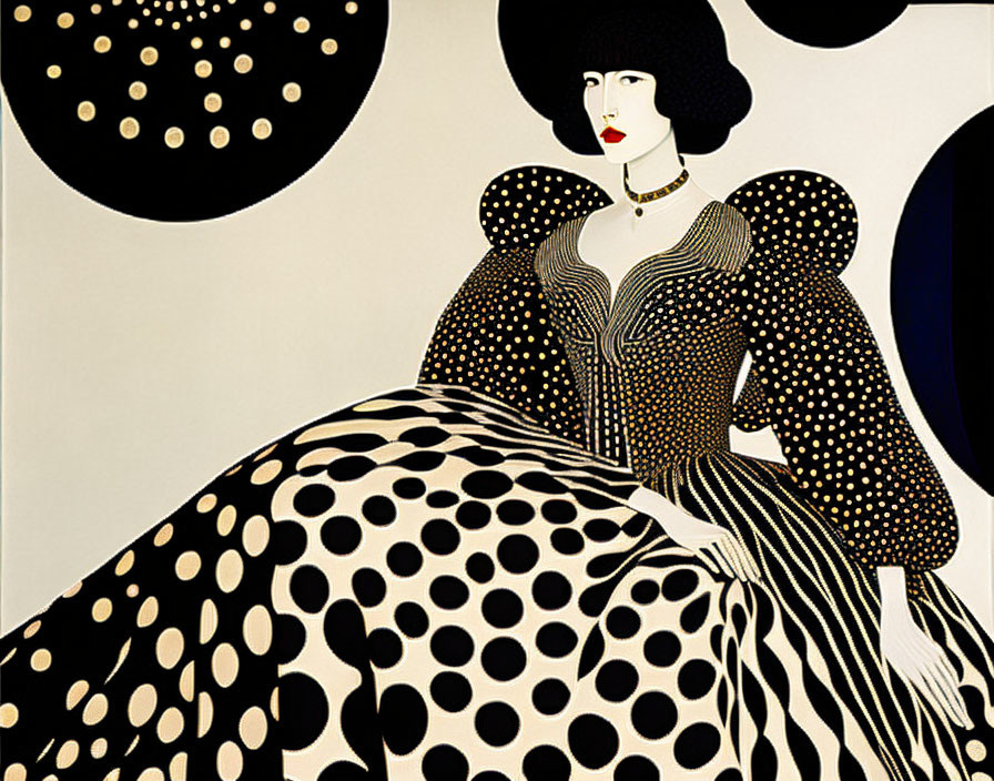 Stylized illustration of woman in polka-dotted dress