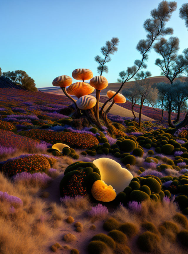 Surreal landscape with oversized mushroom-shaped trees and colorful flora under twilight sky