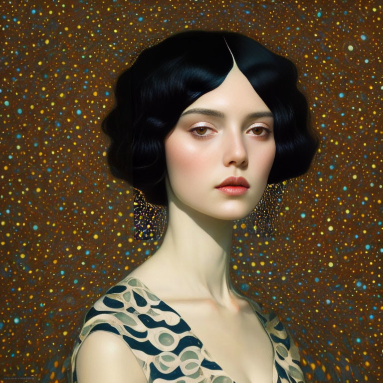 Woman with Bobbed Hair and Art Deco Earrings in Starry Portrait