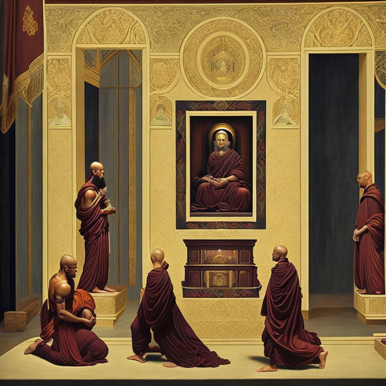 Monks in Maroon Robes Venerating Serene Figure in Ornate Room