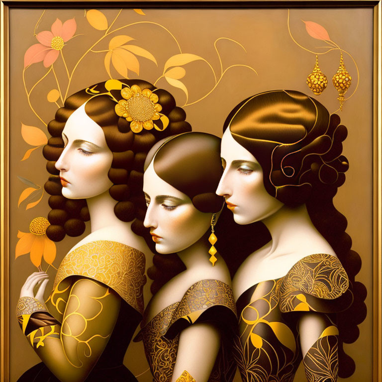 Stylized female figures in ornate gold and black attire with floral hairstyles on golden backdrop