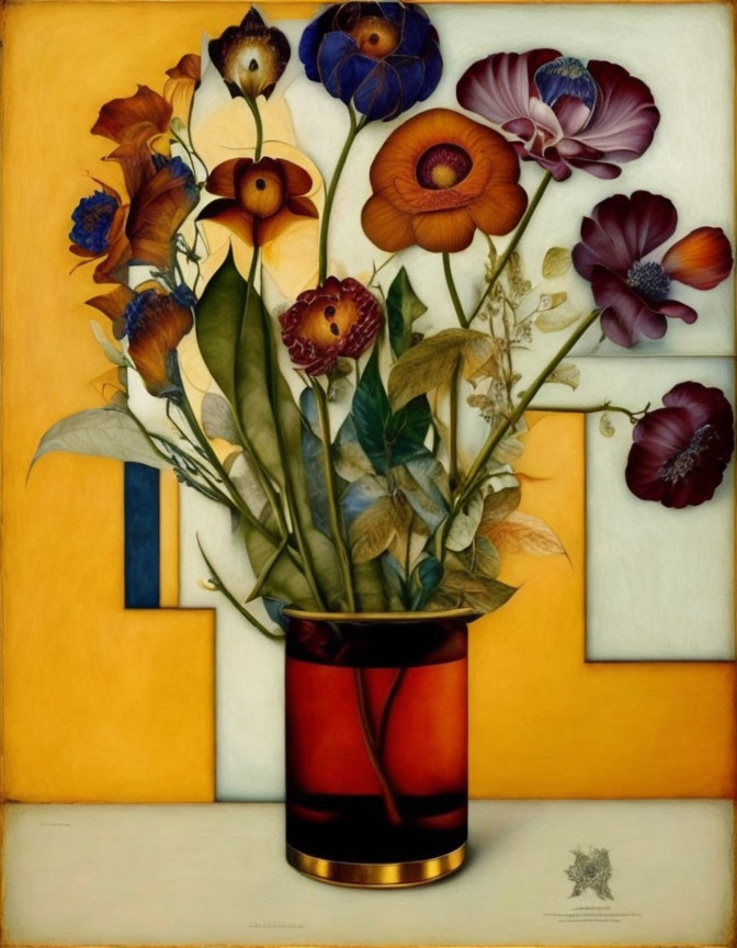 Colorful flowers in oversized vase against geometric background