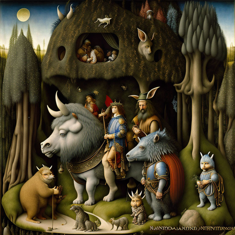 Anthropomorphic animals in medieval warrior attire with animal-shaped house.