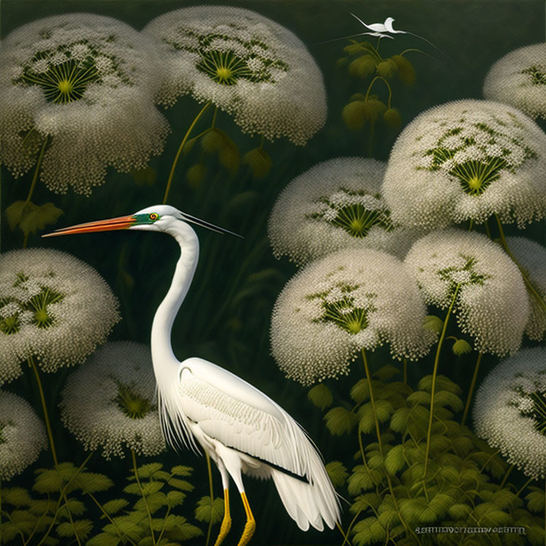 White egret in ethereal setting with dandelion-like plants and flying insect