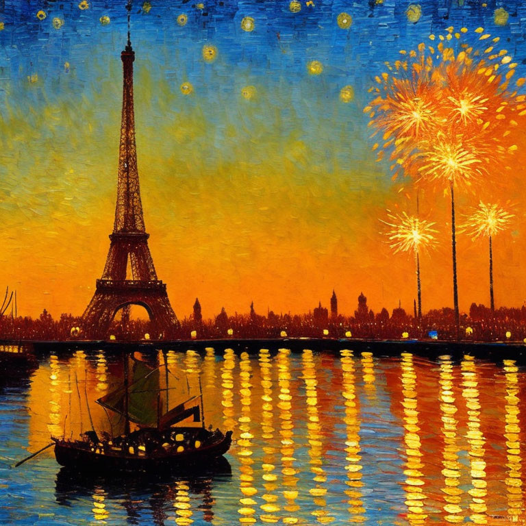 Vibrant orange sky painting of Eiffel Tower at night with fireworks and boat