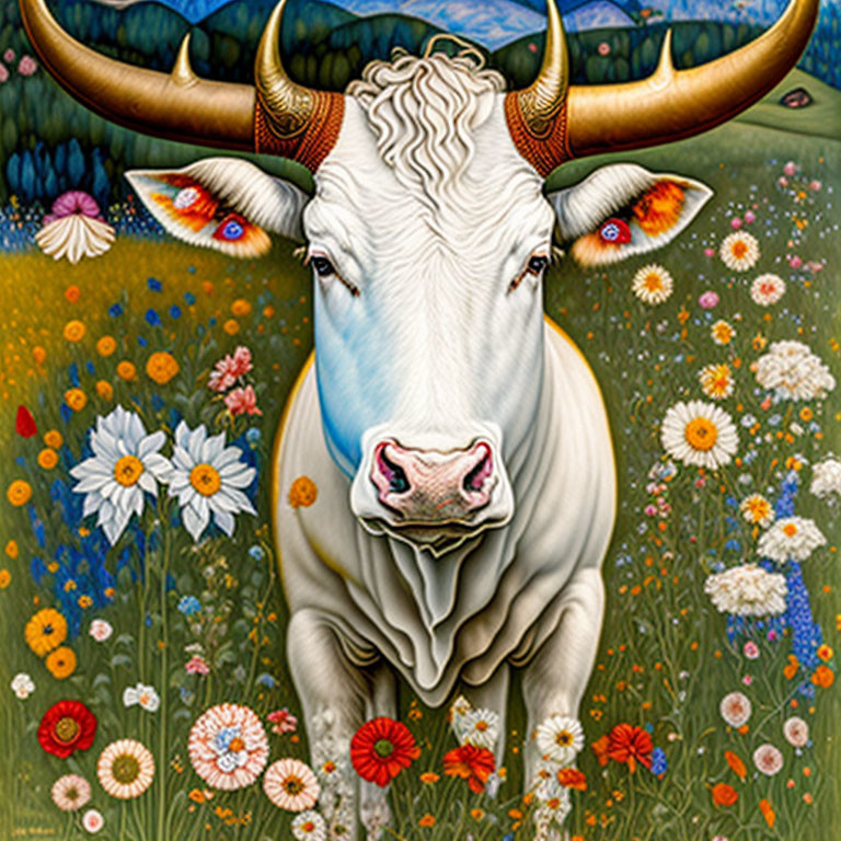 Colorful White Cow with Golden Horns in Flower Field Landscape