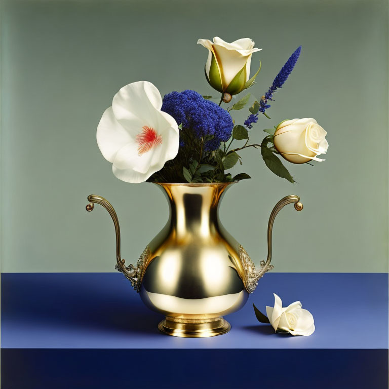 Golden vase with white rose, hibiscus, and blue flowers on blue surface against teal background