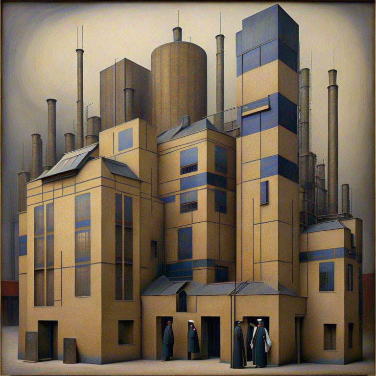 Stylized industrial building with figures in vintage clothing