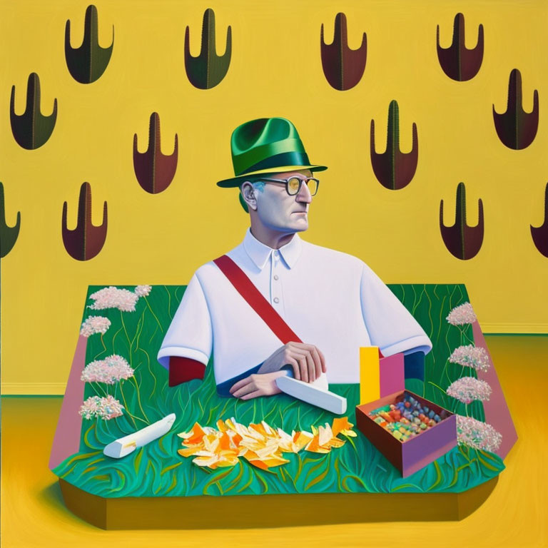 Colorful painting of man peeling orange at green table