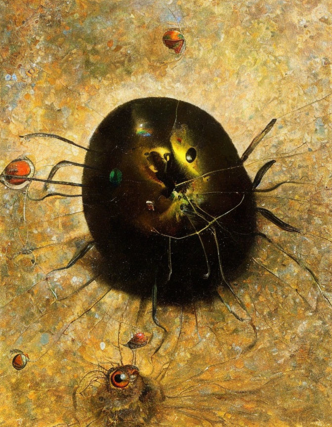 Surreal cosmic black sphere with eyes and tendrils against golden backdrop