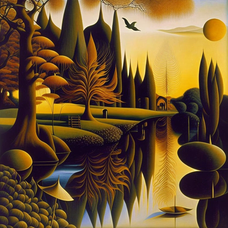 Surreal landscape with stylized trees, reflective water, bird, and sun casting long shadows